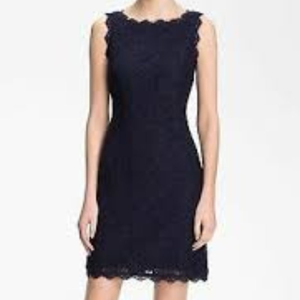NWT Adrianna Papell Navy Sleeveless Scalloped Lace Sheath Dress Size 4 - Picture 2 of 12